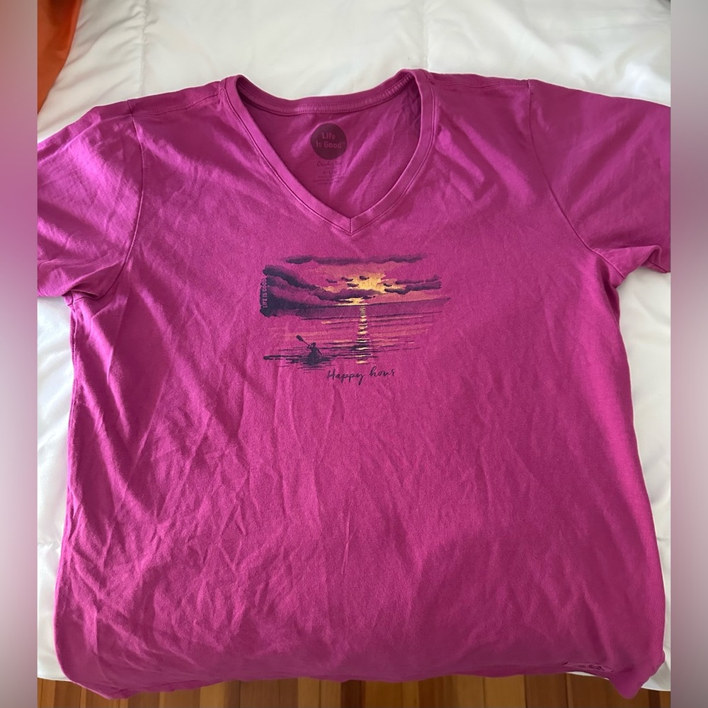 Life is Good Crusher tee magenta pink kayak sunset  Visit short sleeves🚣🏻 (A)
